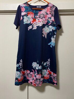 Meaneor, short sleeve, navy dress w/flowers on the top & bottom, size L
